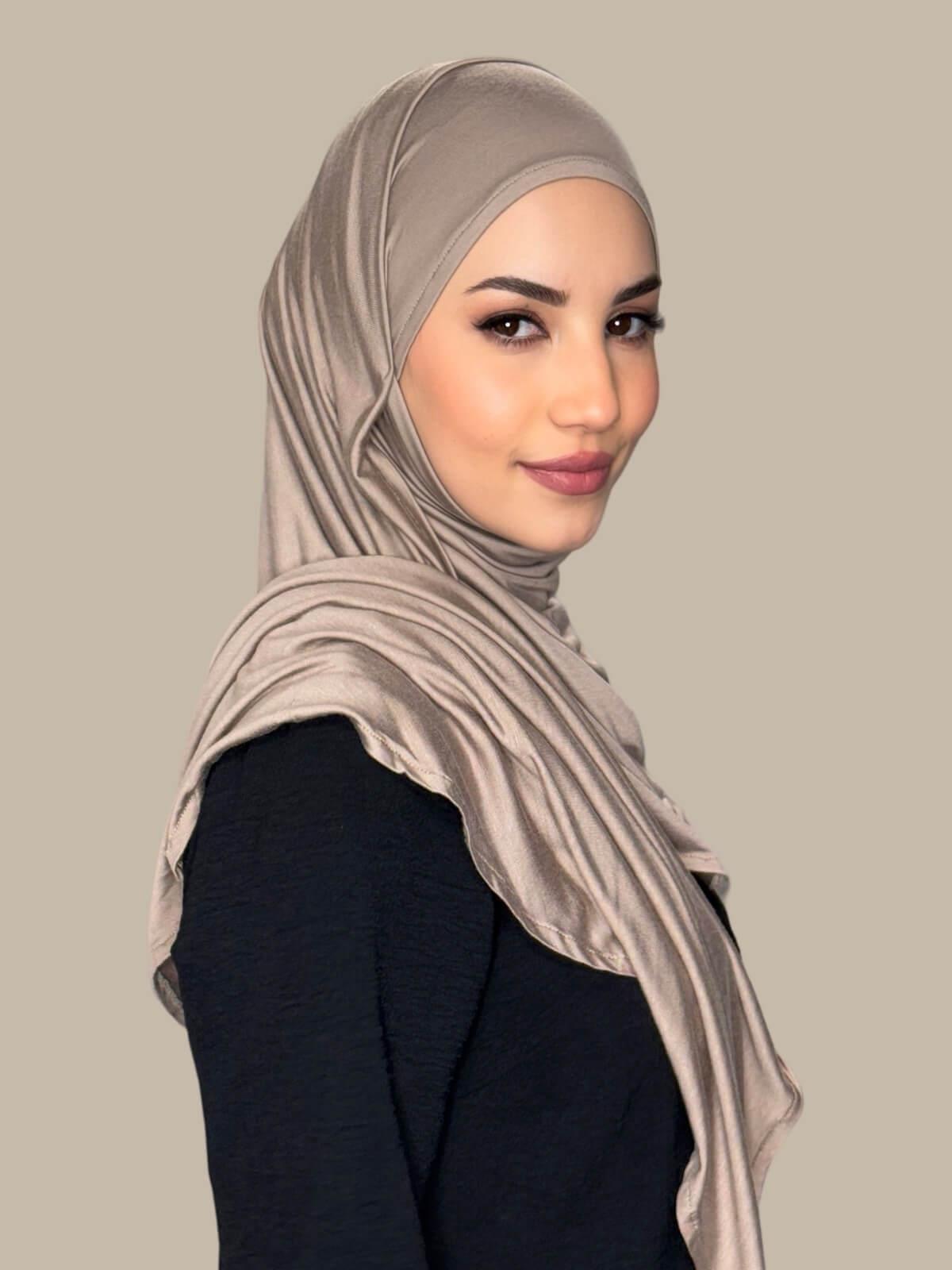 Desert Pre-Sewn Jersey Hijab,side view on model