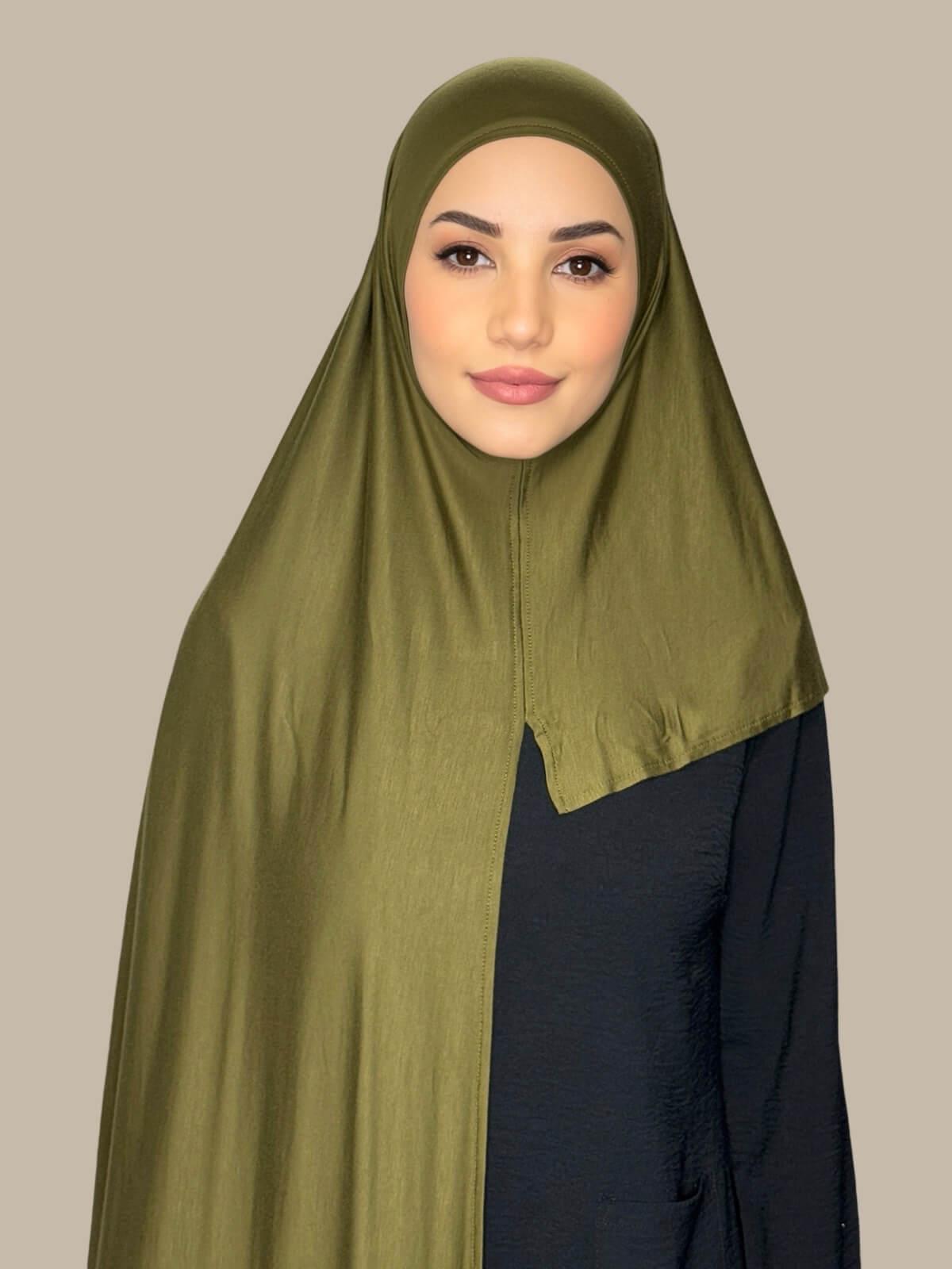 Olive Green Pre-Sewn Jersey Hijab front view on model showing full coverage and smooth drape on both sides