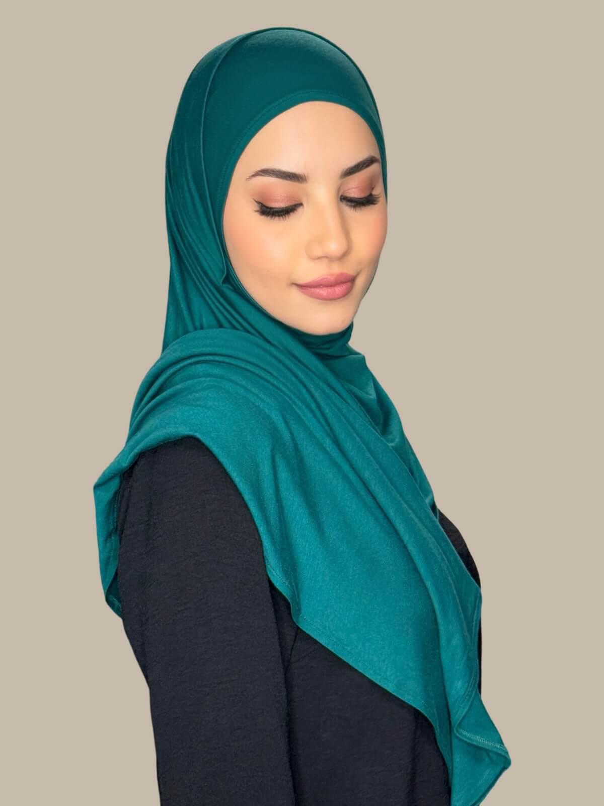 Pine Green Pre-Sewn Jersey Hijab, side view on model