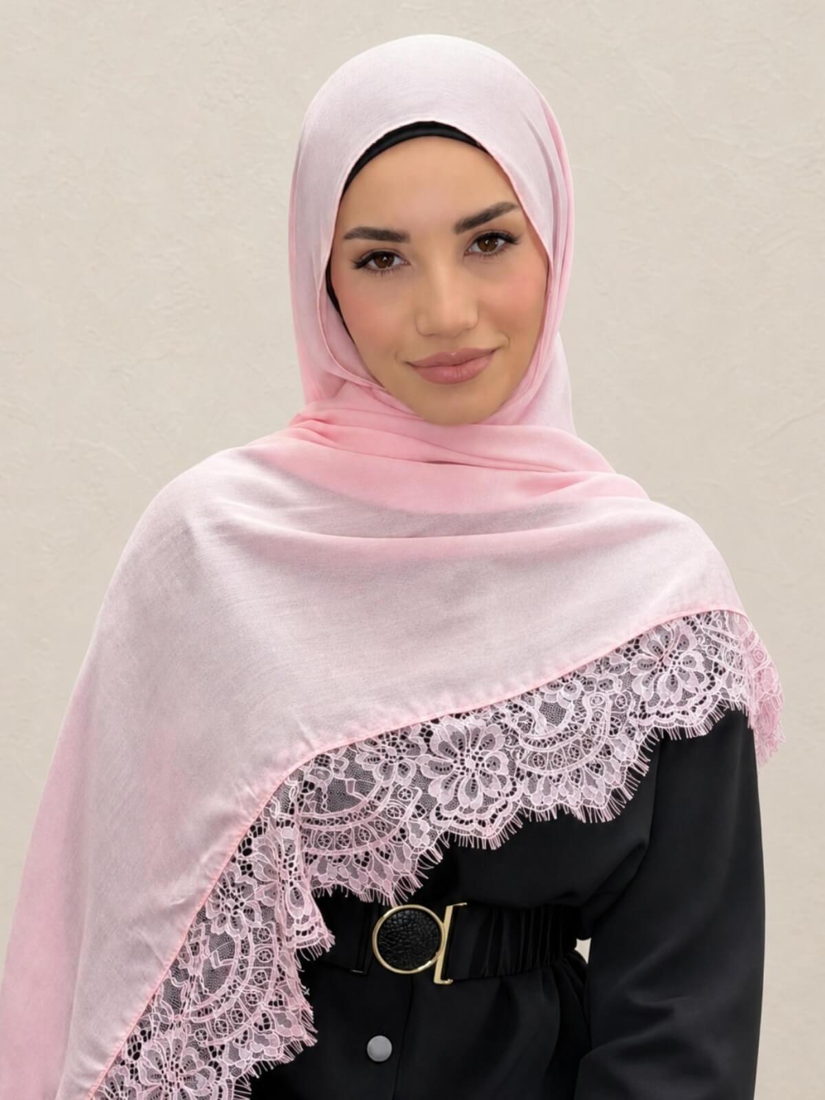 Lace Cotton Modal Hijab-Pink Promise