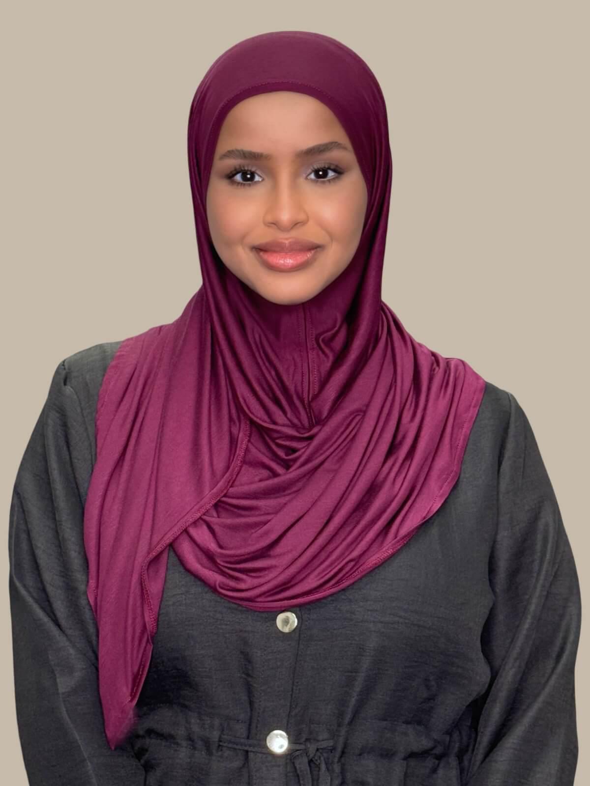Wine Pre-Sewn Jersey Hijab front view on model no pins