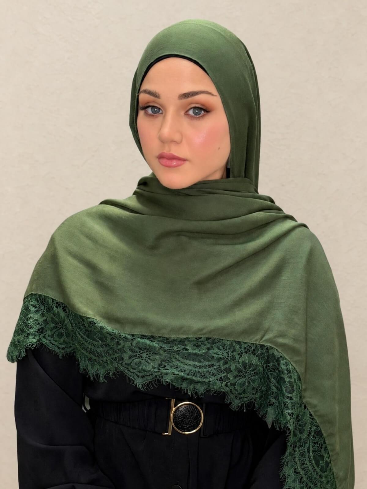 Lace Cotton Modal Hijab-Woodland Mist