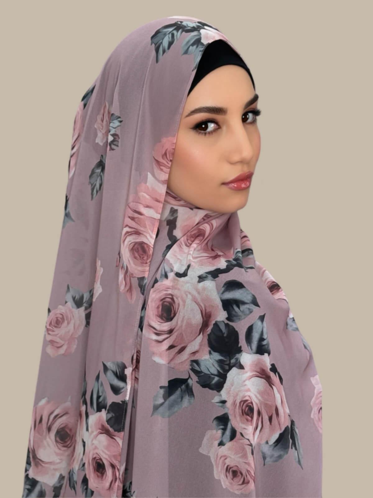 Printed Chiffon Hijab-Neutral Rosette