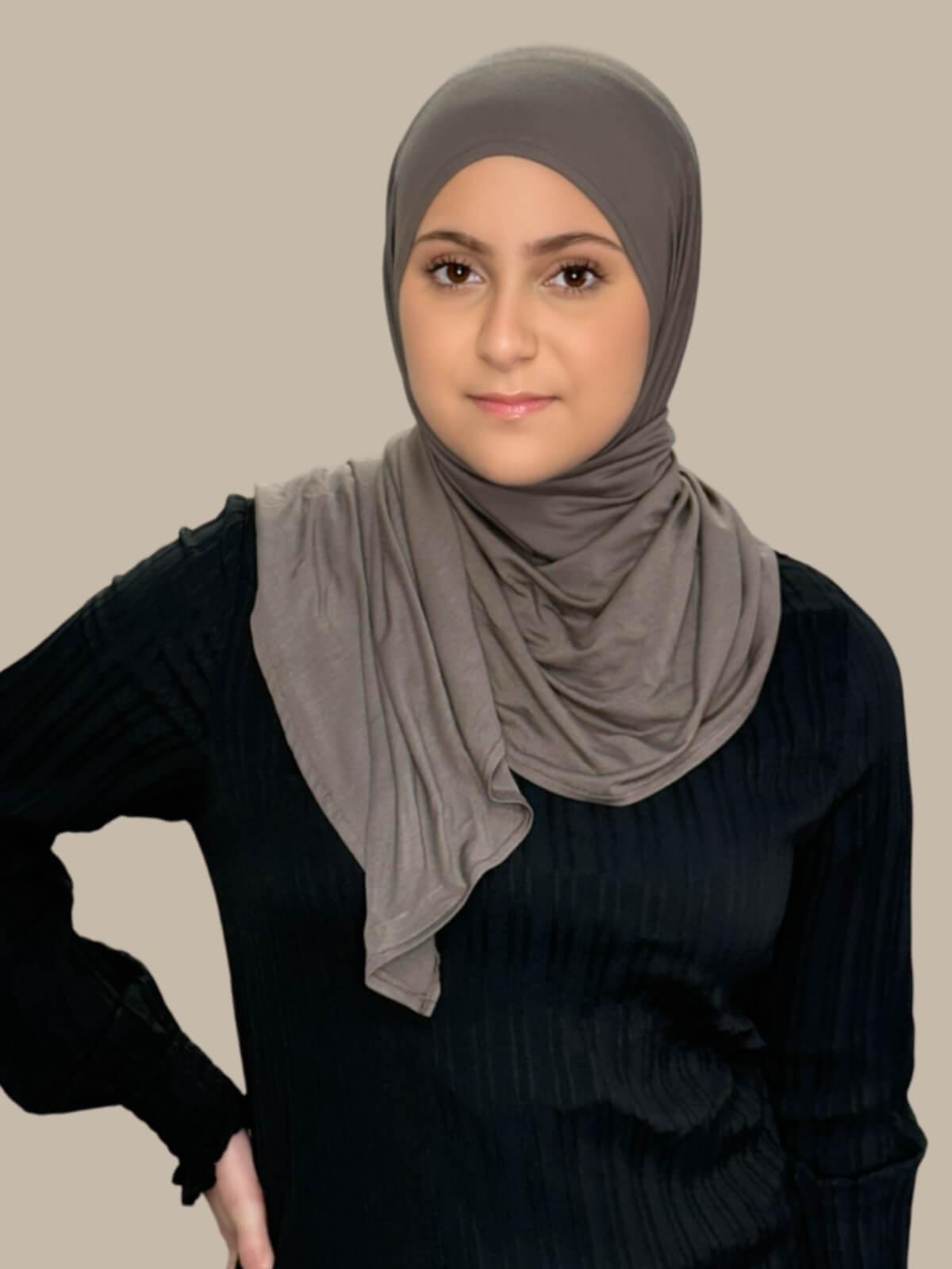 Hazel Pre-Sewn Jersey Hijab in Modish Girl size, front view on model with hijab wrapped neatly around shoulders showing smooth fit and soft stretch fabric. No pins effortless