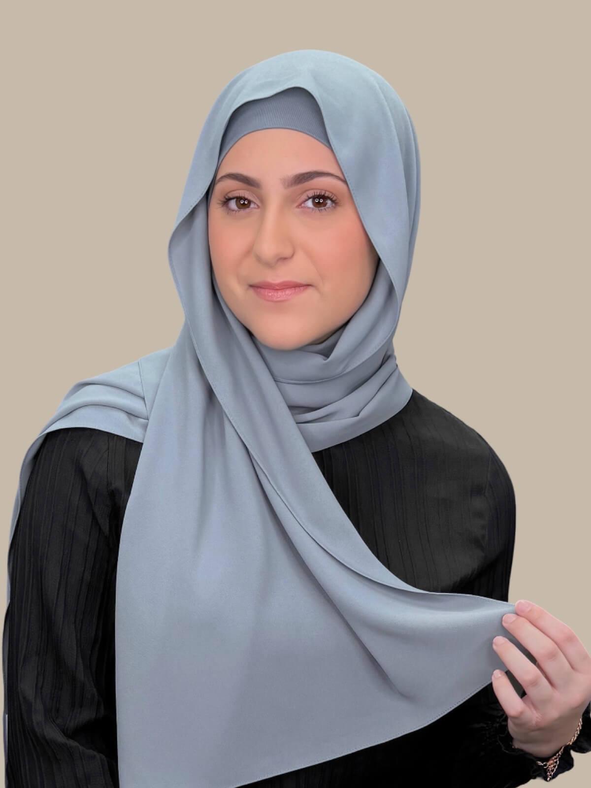 Slate Grey Matching Chiffon Hijab Set in modish girl size on model, front view with hijab draped