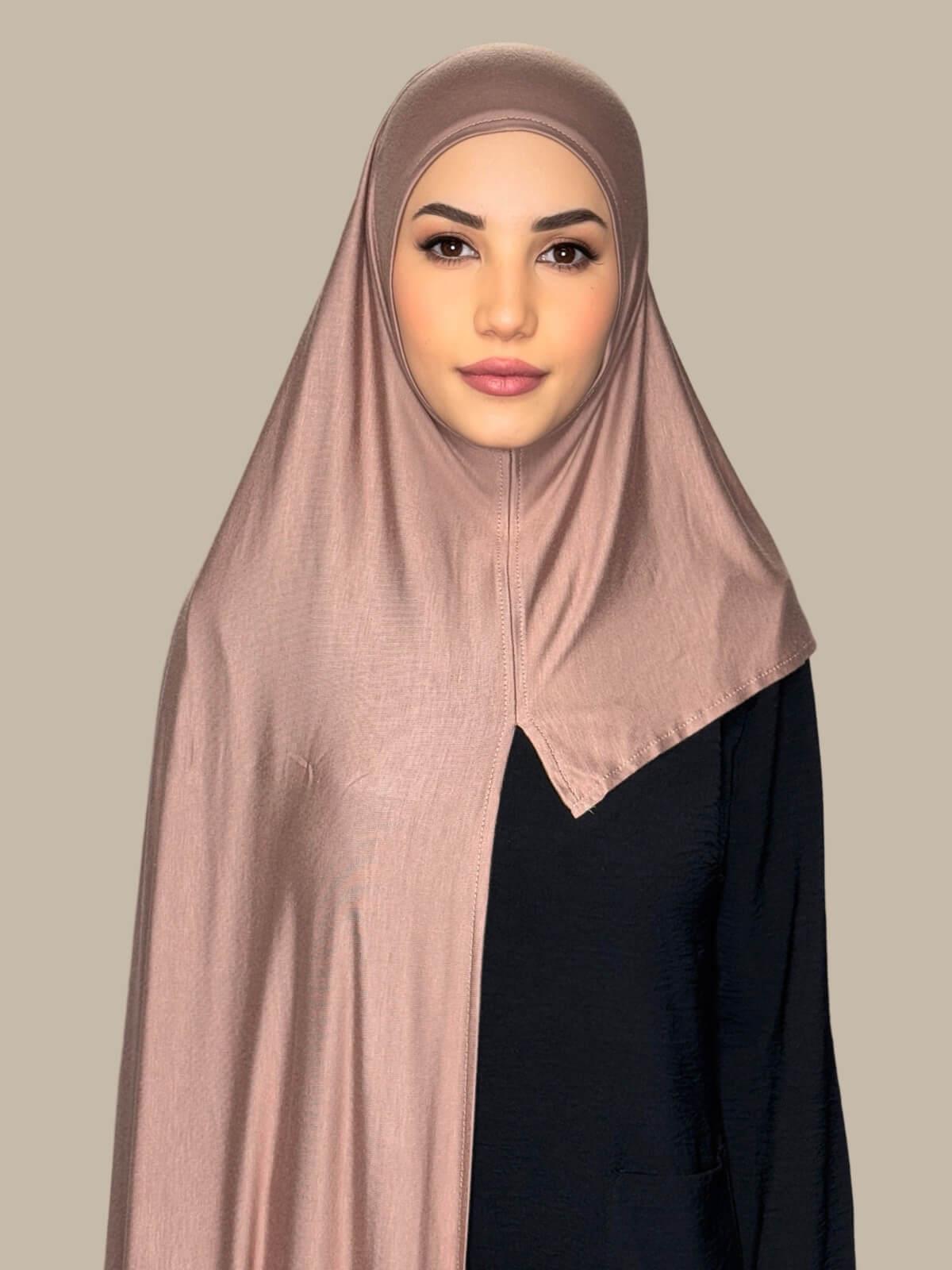 Pale Taupe Pre-Sewn Jersey Hijab front view on model showing full coverage and smooth drape on both sides