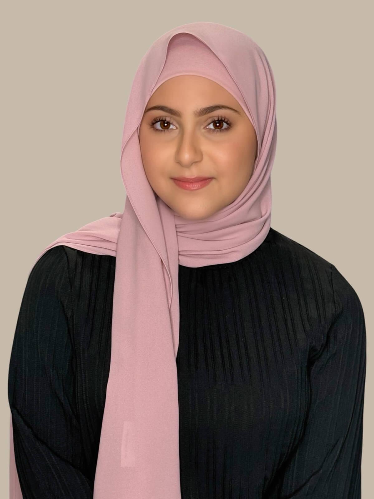 Blush Rose Matching Chiffon Hijab Set in modish girl size on model, front view 