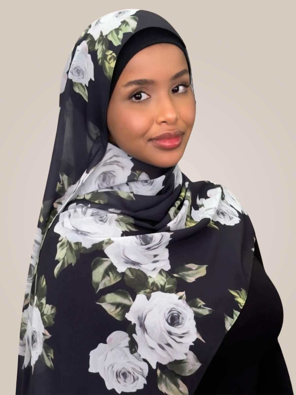 Printed Chiffon Hijab-Frosted Rosette
