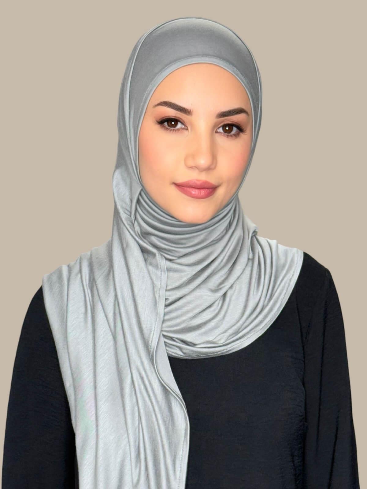 Chic Grey Pre-Sewn Jersey Hijab — front view on model