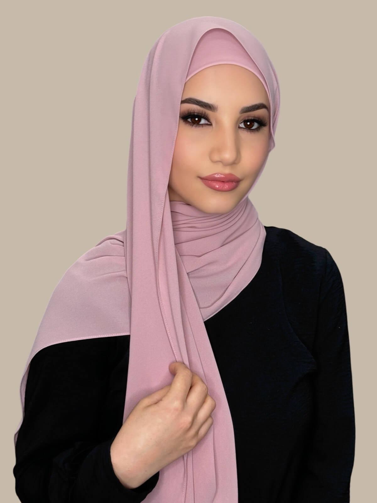 Blush Rose Matching Chiffon Hijab Set on model,side view draped over one shoulder