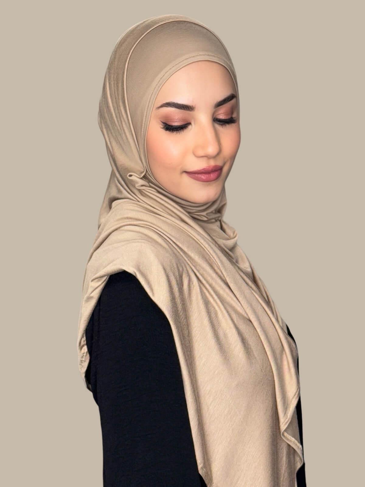 Oak Pre-Sewn Jersey Hijab, side view on model