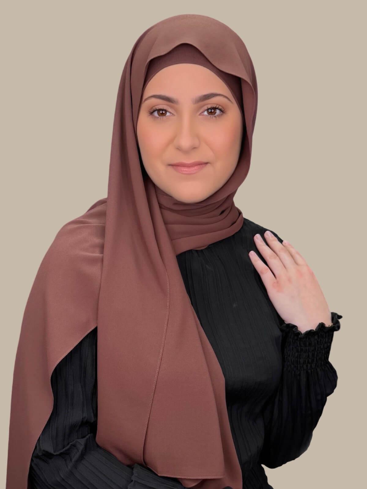 Burnt Redwood Matching Chiffon Hijab Set in modish girl size on model, front draped over the shoulder