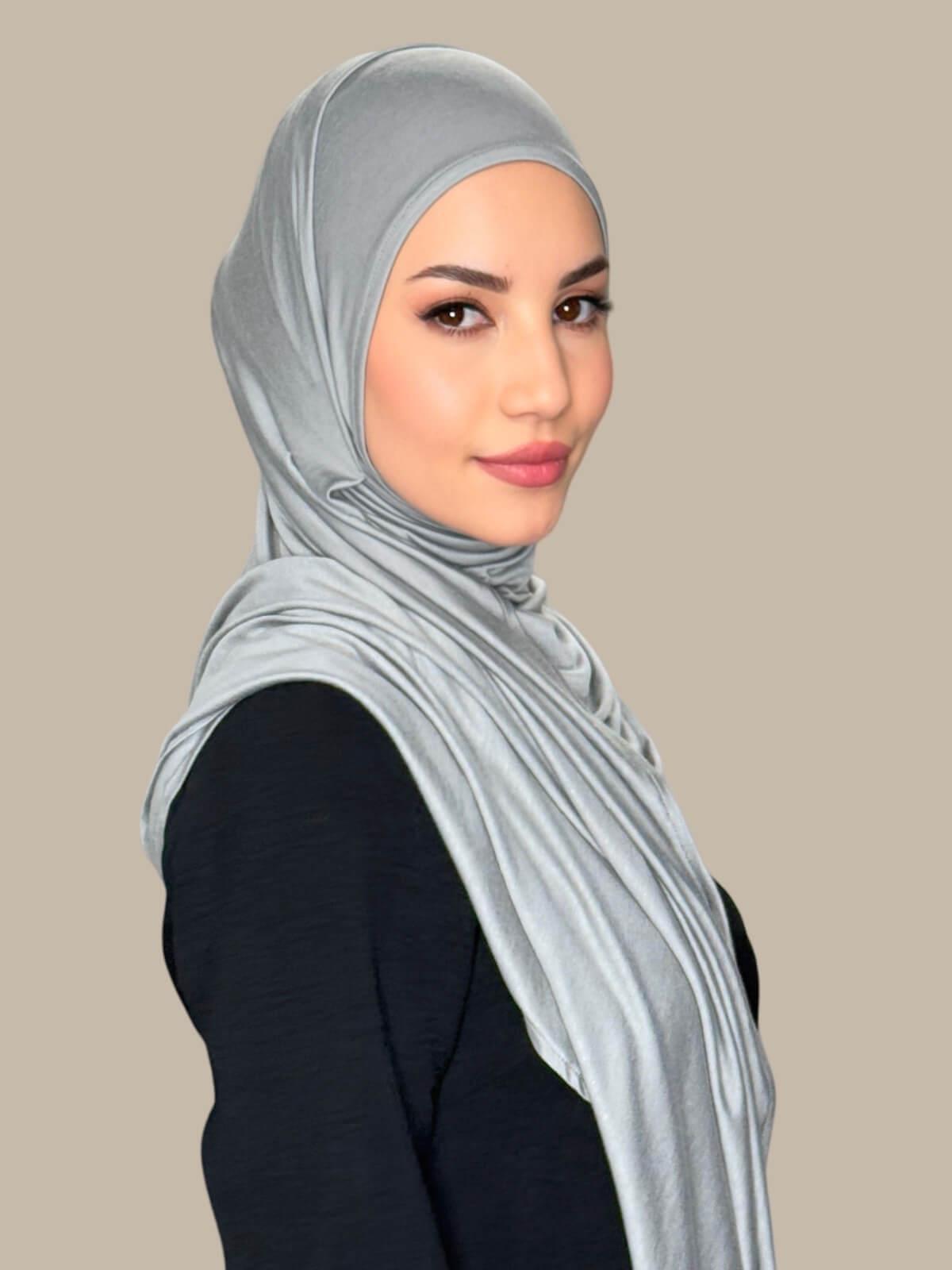 Chic Grey Pre-Sewn Jersey Hijab — side view on model