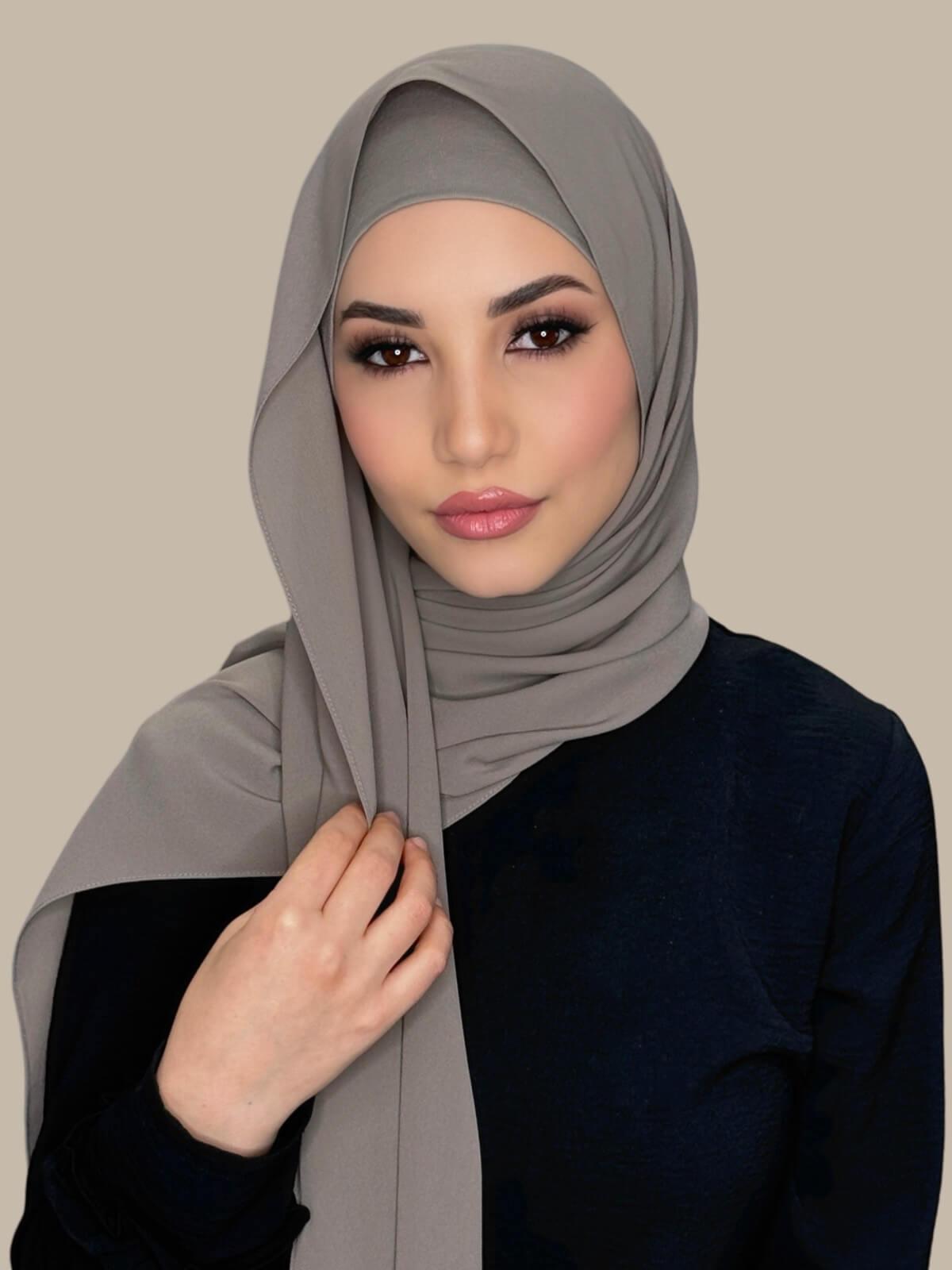 Truffle Matching Chiffon Hijab Set on model,front view showing lightweight drape and smooth layered wrap with elegant finish