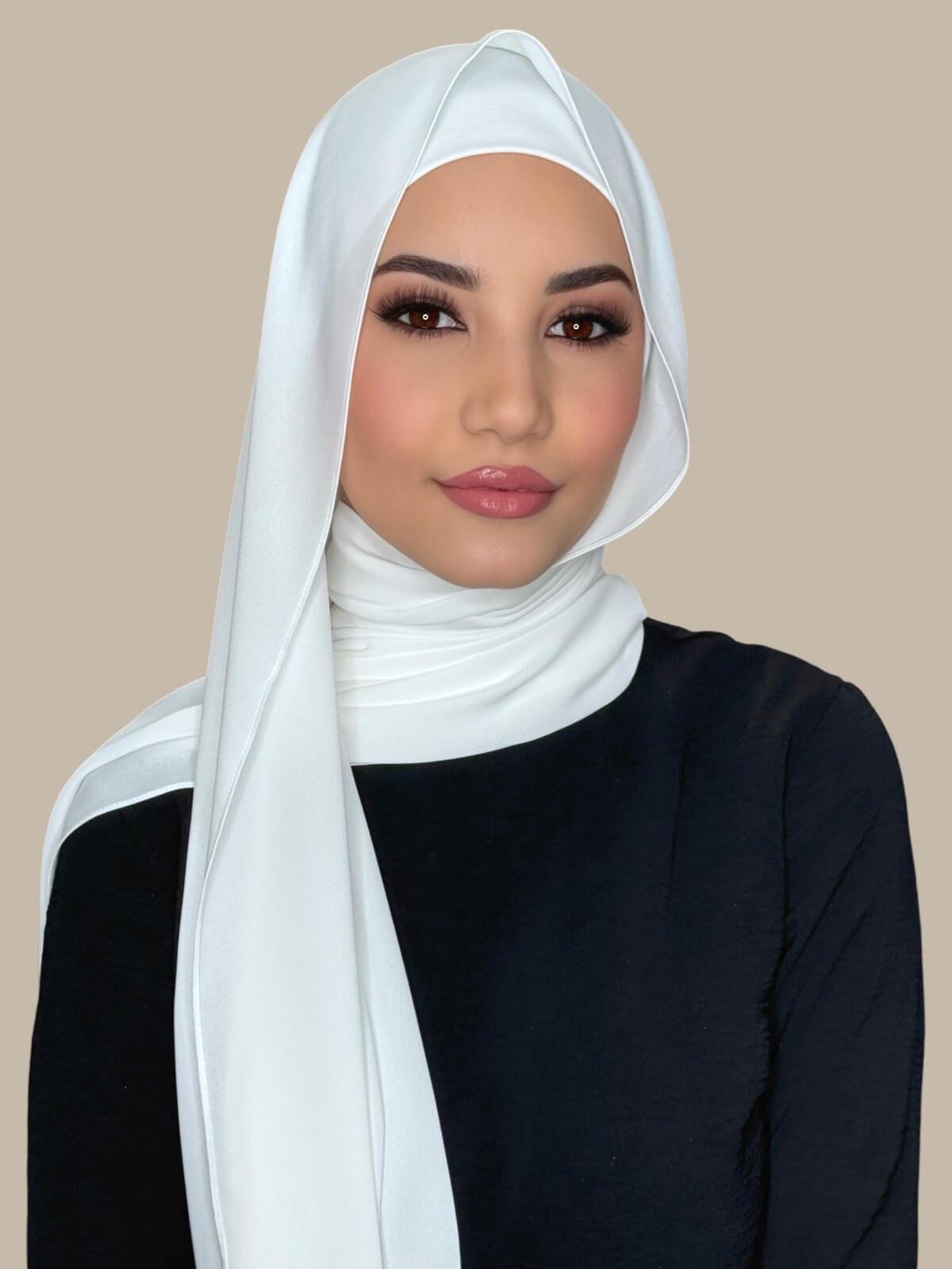 White Matching Chiffon Hijab Set on model,front view showing lightweight drape and smooth layered wrap with elegant finish.