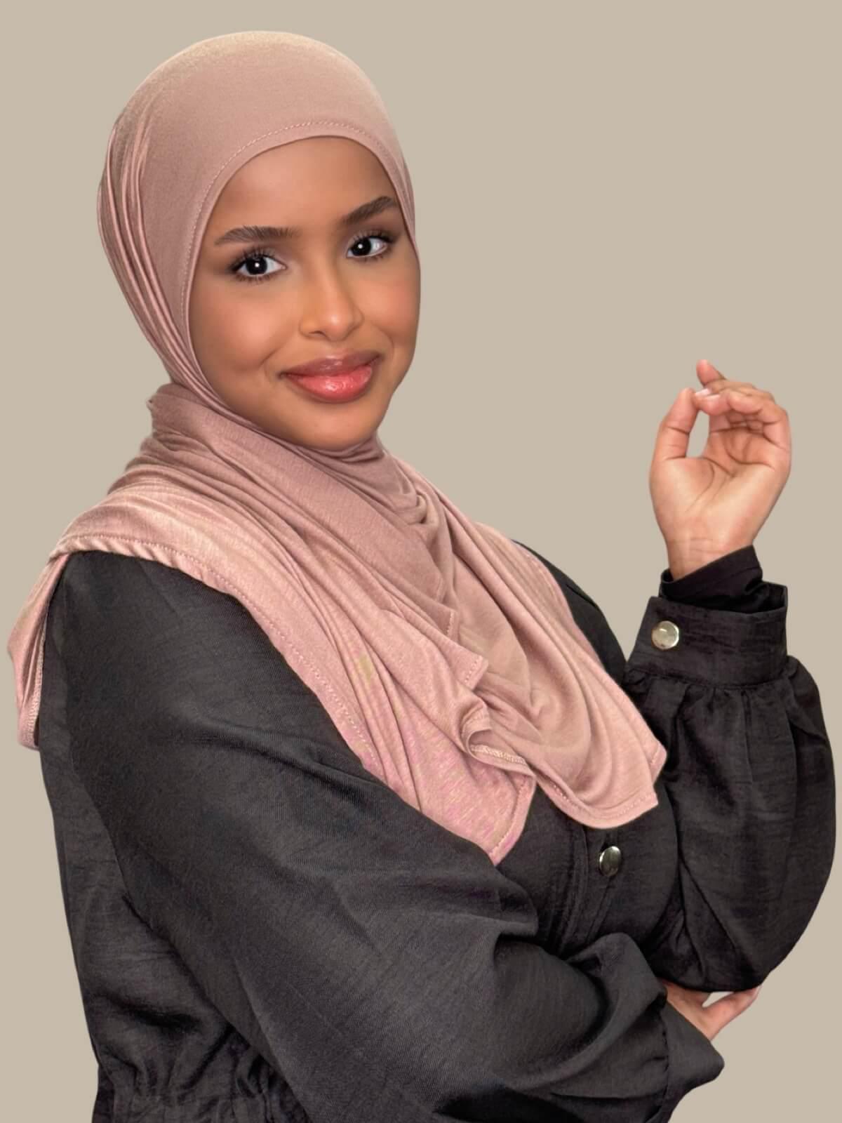 Pale Taupe Pre-Sewn Jersey Hijab, side view on model, no pins