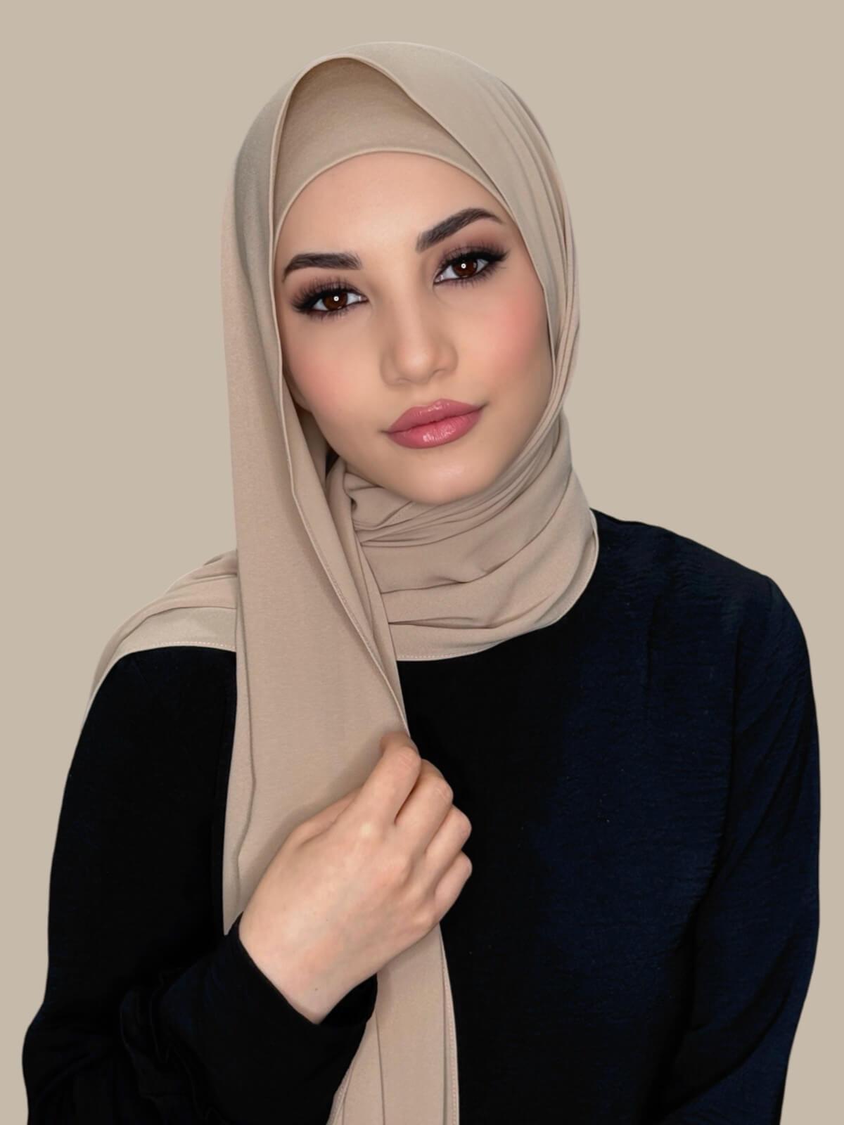 Desert Matching Chiffon Hijab Set on model,front view showing lightweight drape and smooth layered wrap with elegant finish