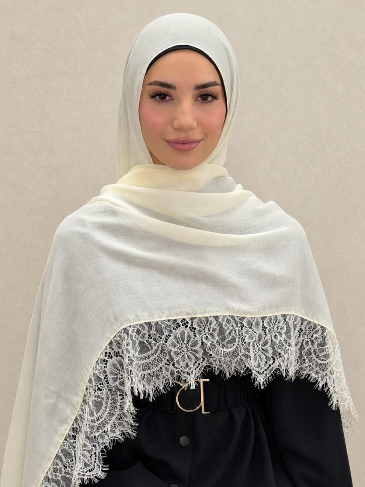 Lace Cotton Modal Hijab-Vanilla Silk