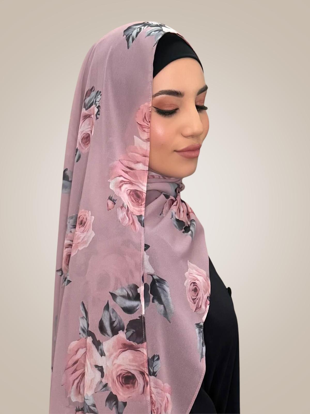 Printed Chiffon Hijab-Neutral Rosette