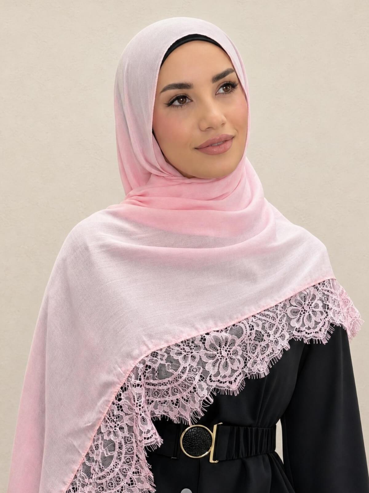 Lace Cotton Modal Hijab-Pink Promise