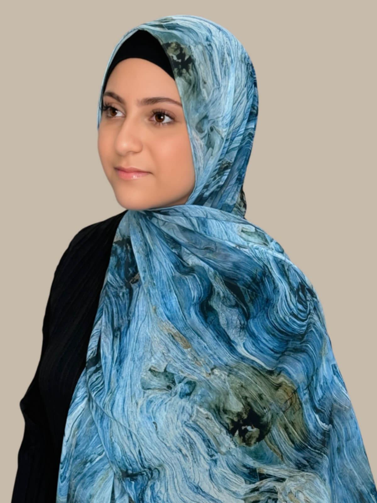 Modish Girl Printed Chiffon Hijab-Ocean Mist