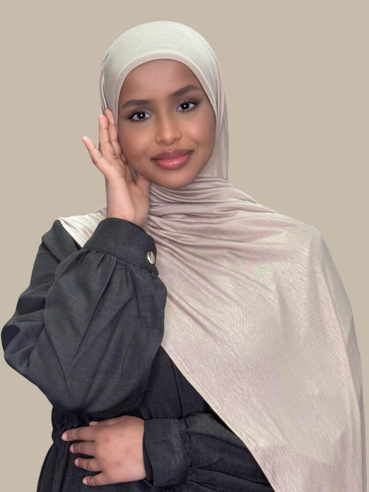 Vanilla Pre-Sewn jersey Hijab, front view on model, no pins just slip on and go 