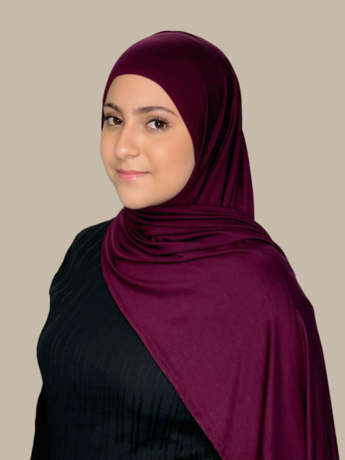 Wine Pre-Sewn Jersey Hijab in Modish Girl size, side view on model with hijab draped over shoulder showing smooth fit and soft stretch 