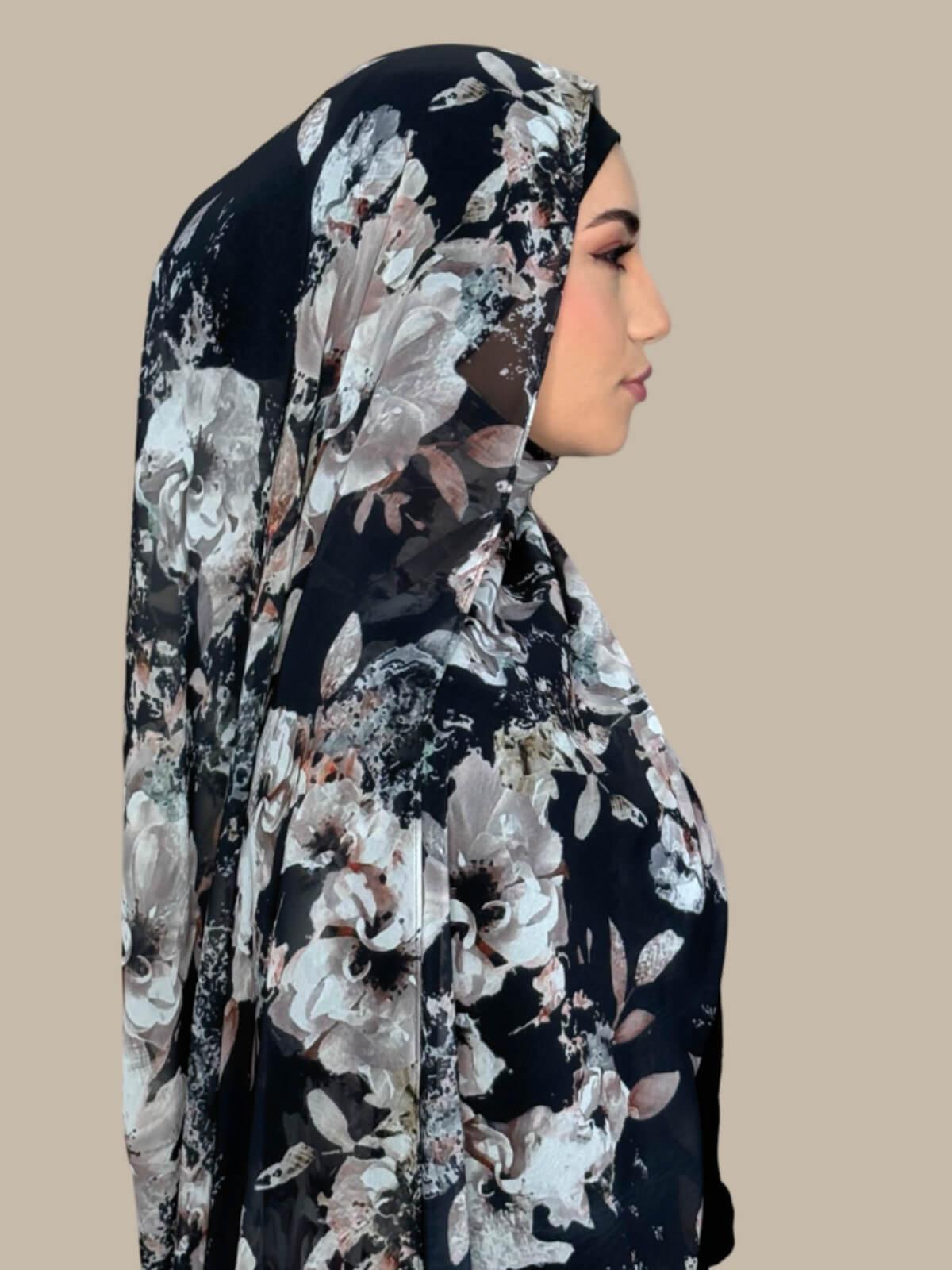 Printed Chiffon Hijab-Fleurette Slate II