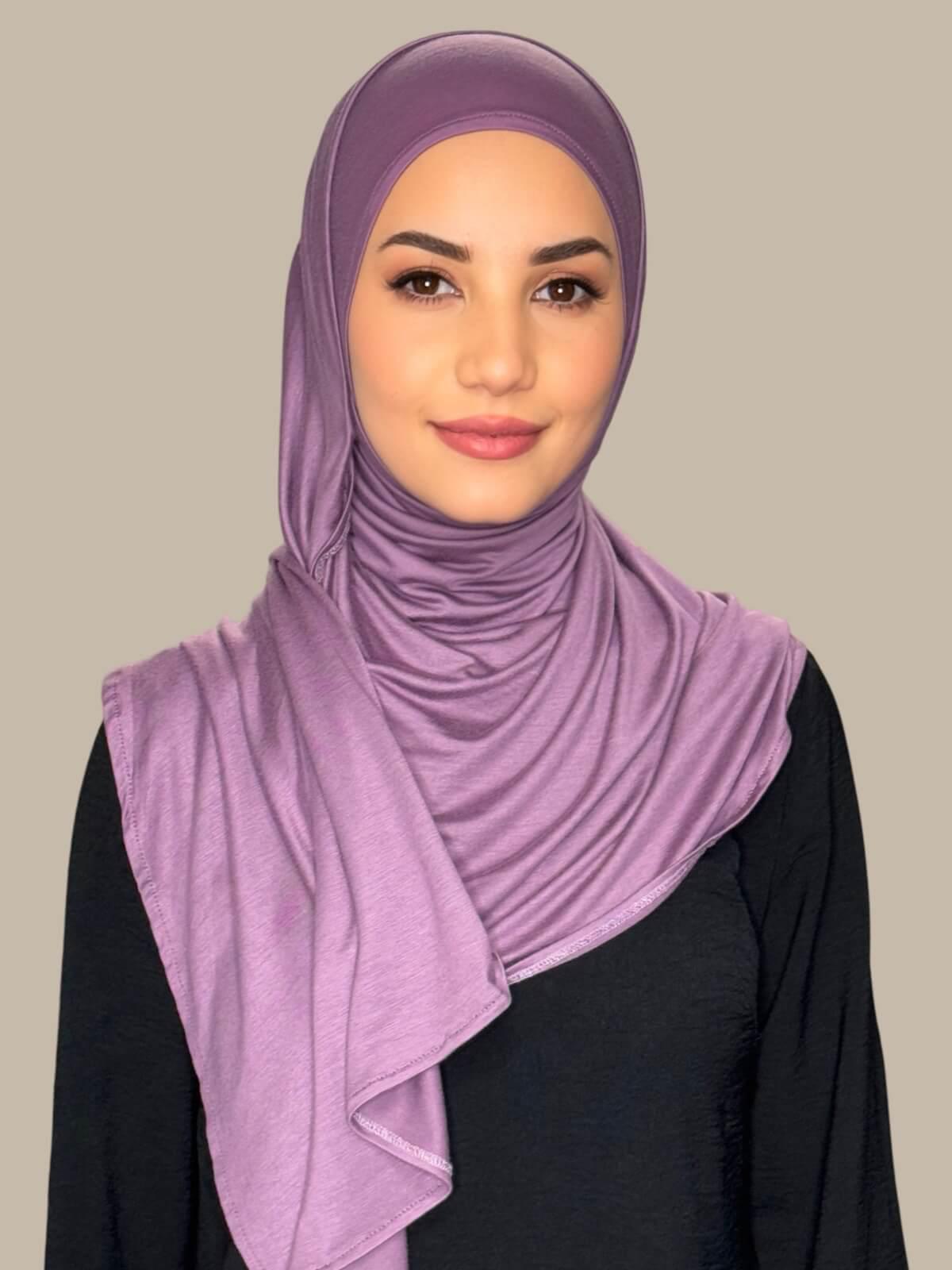 Mauve Taupe Pre-Sewn jersey Hijab front view on model