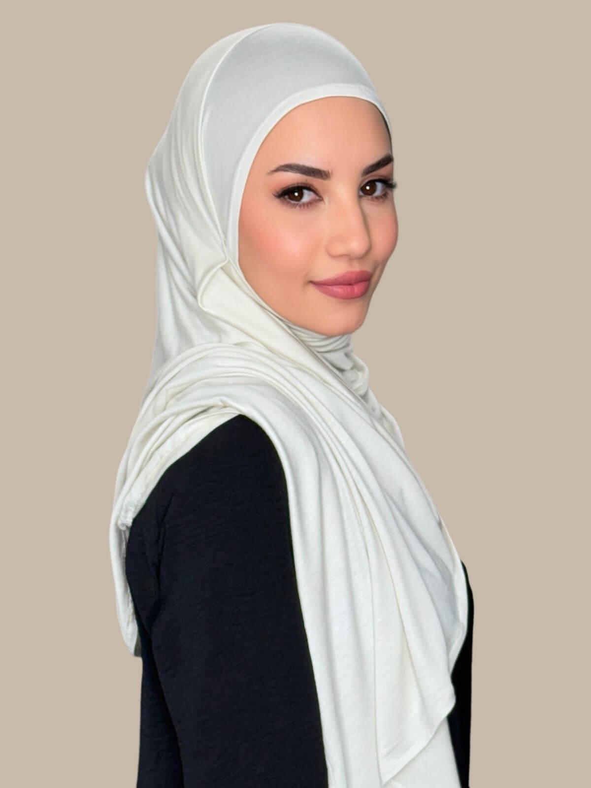 Ivory Pre-Sewn Jersey Hijab side view on model