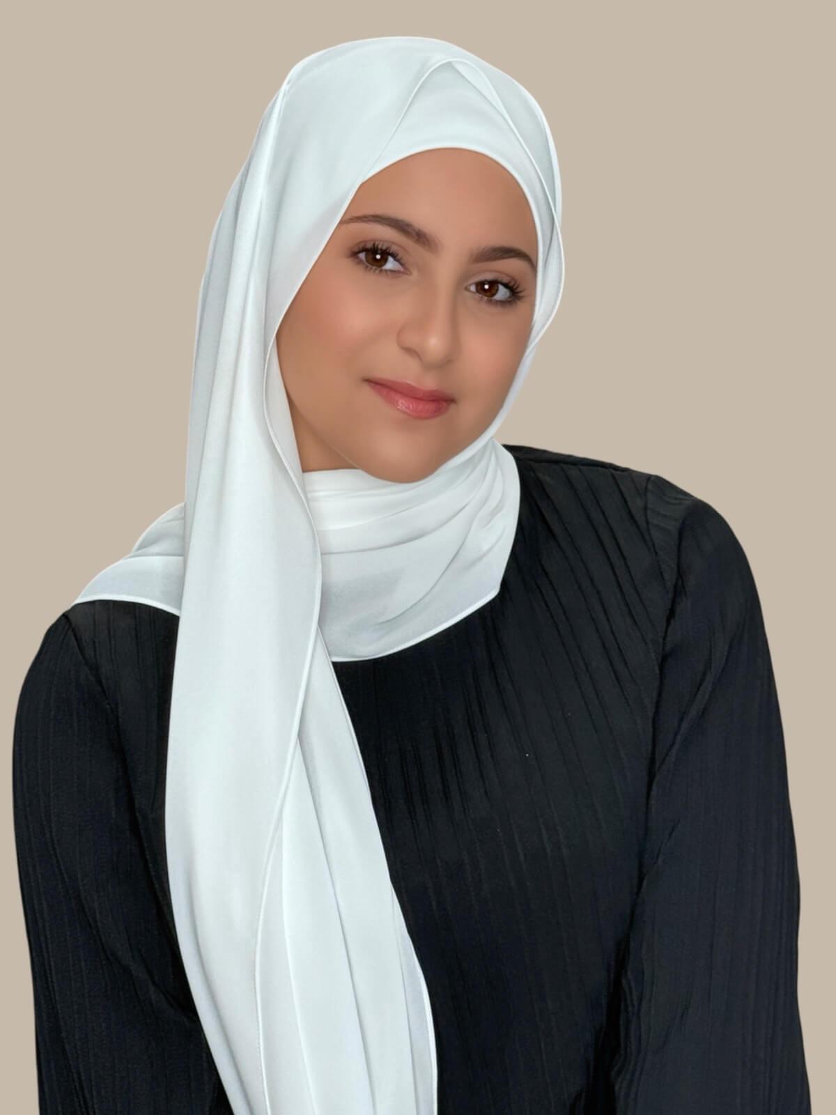 White Matching Chiffon Hijab Set in modish girl size on model, side view showing lightweight drape and smooth layered wrap with elegant finish.