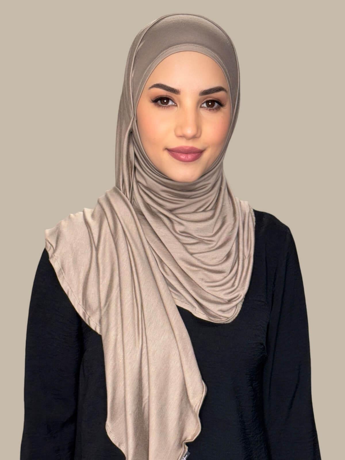 Desert Pre-Sewn Jersey Hijab, front view on model