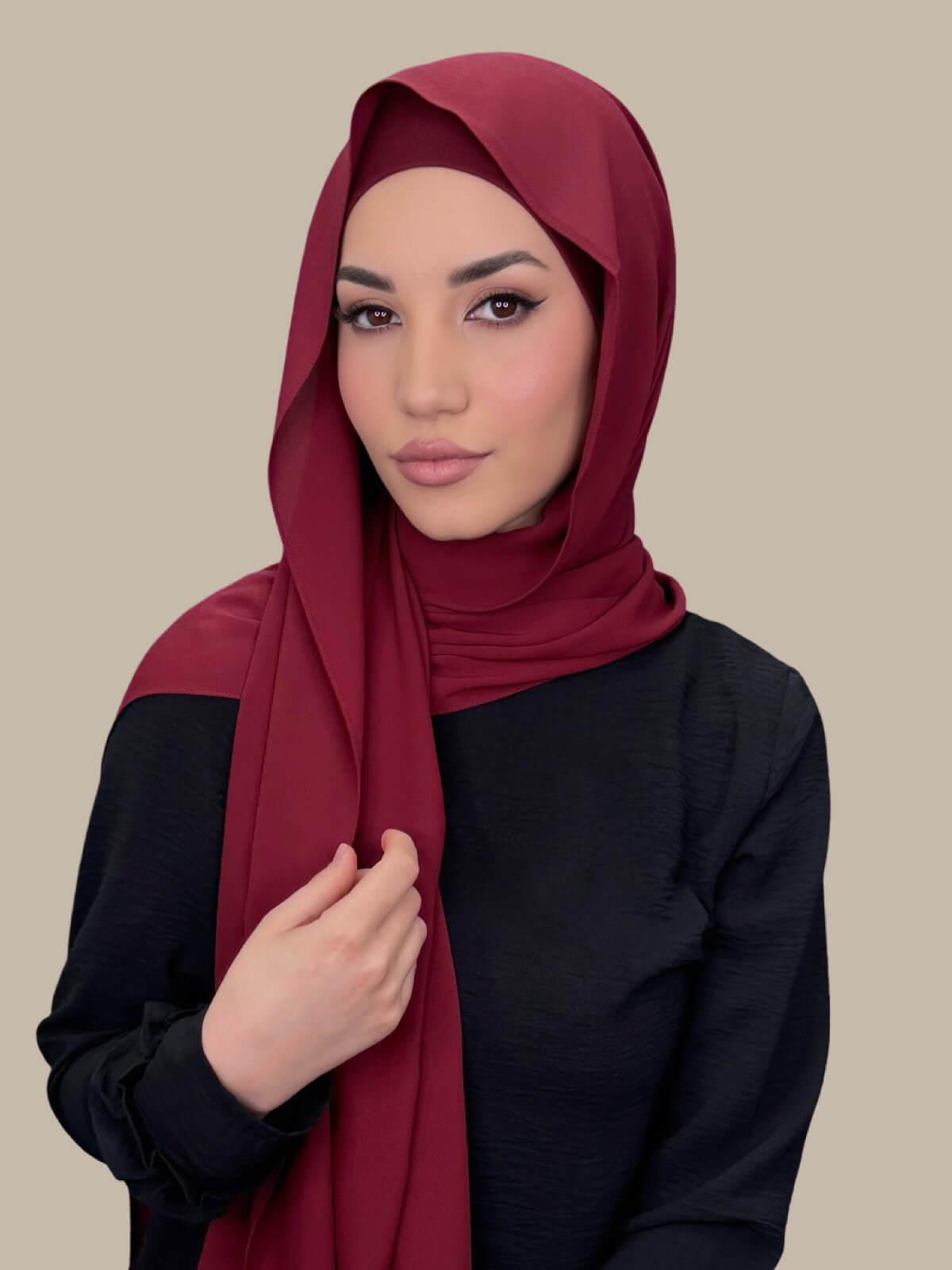 Mahogany Matching Chiffon Hijab Set on model, side view showing lightweight drape and smooth layered wrap with elegant finish.