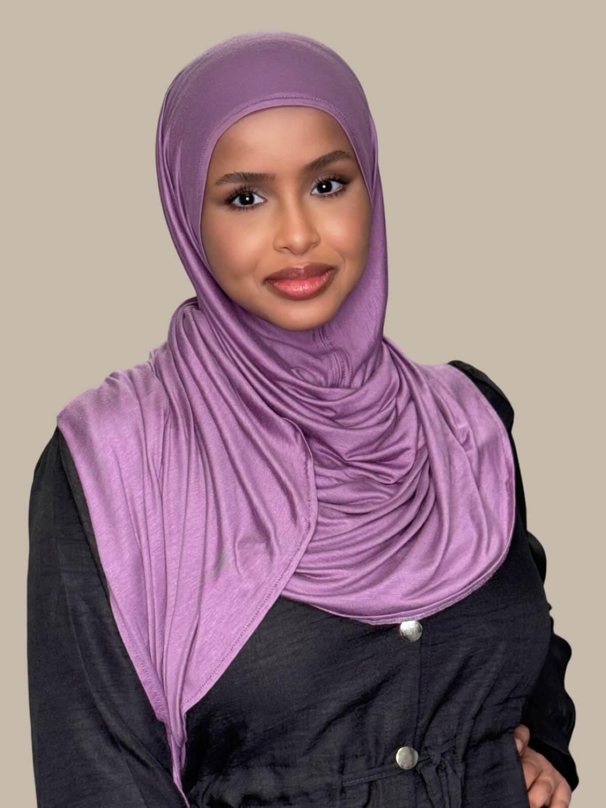 Mauve Taupe Pre-Sewn jersey Hijab front view on model no pins