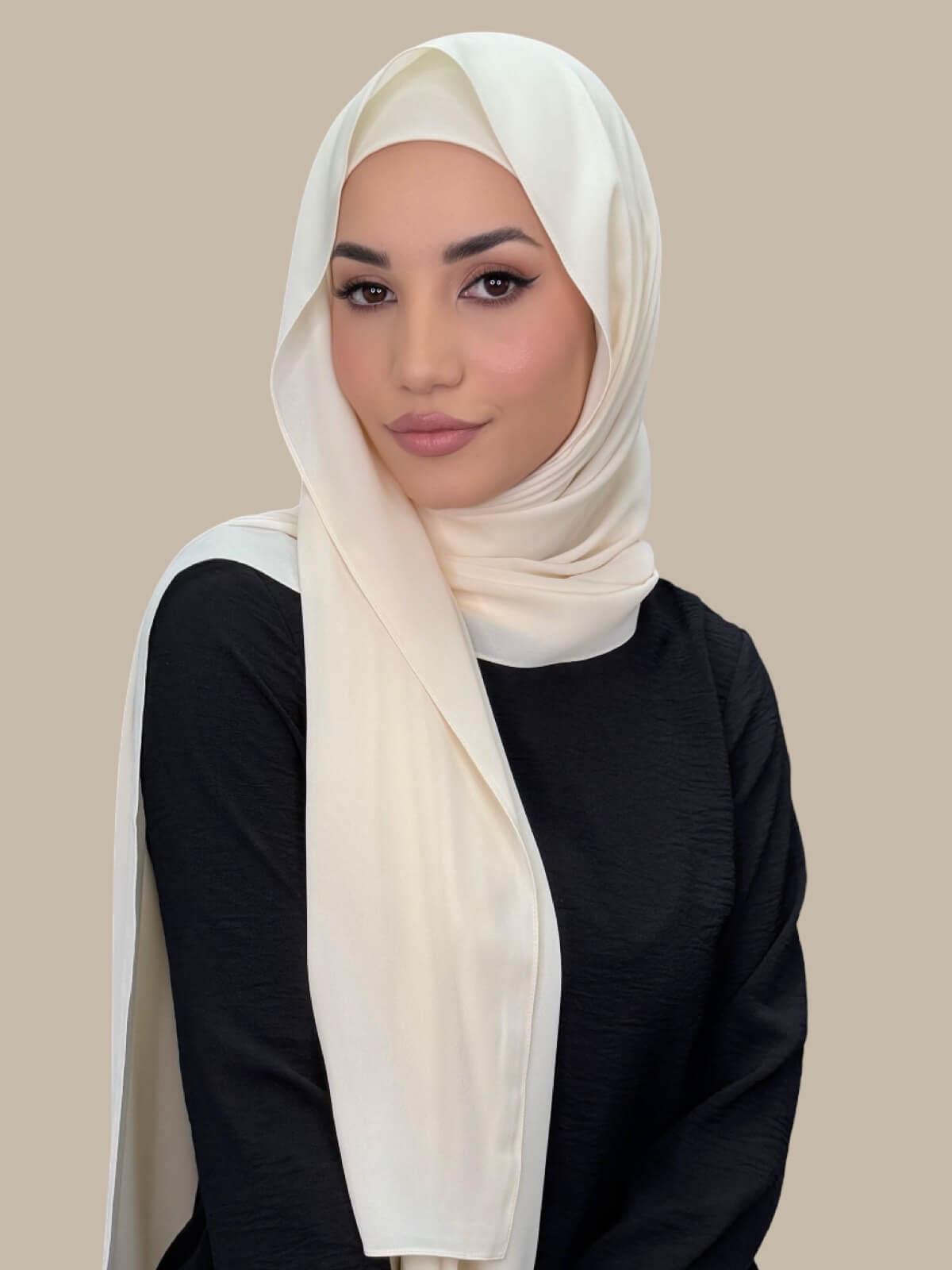 Ivory Lace Matching Chiffon Hijab Set on model, front view showing lightweight drape and smooth layered wrap with elegant finish.