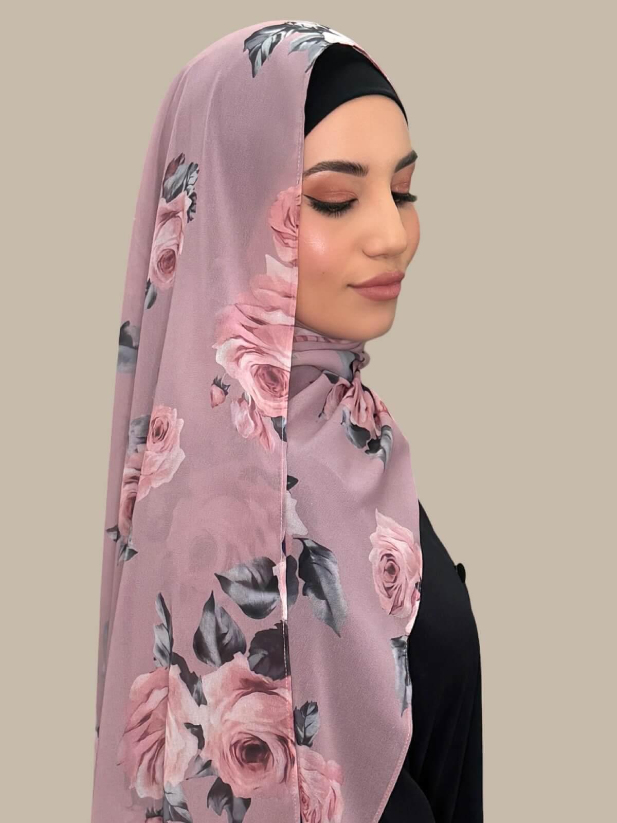 Printed Chiffon Hijab-Neutral Rosette