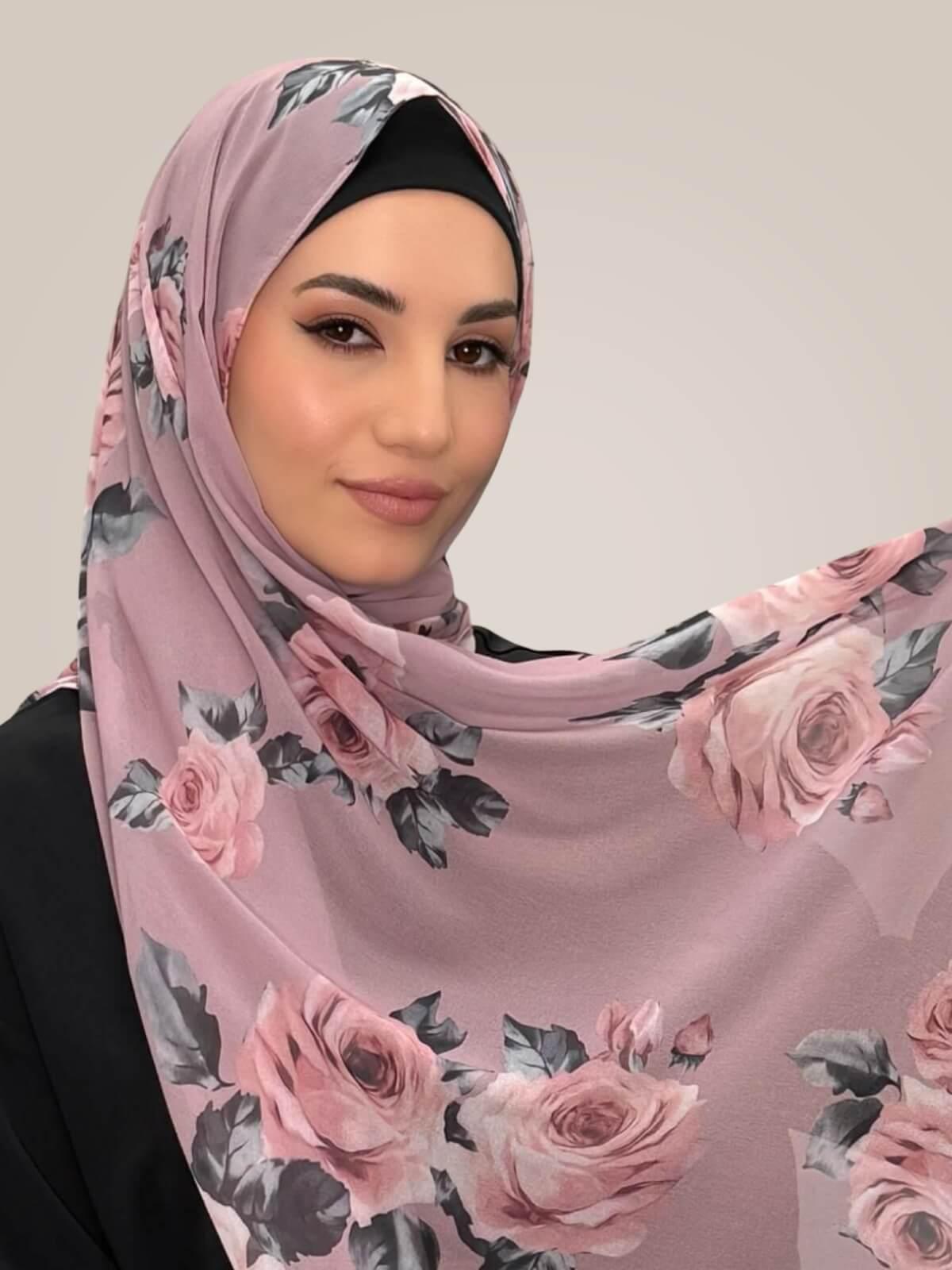 Printed Chiffon Hijab-Neutral Rosette