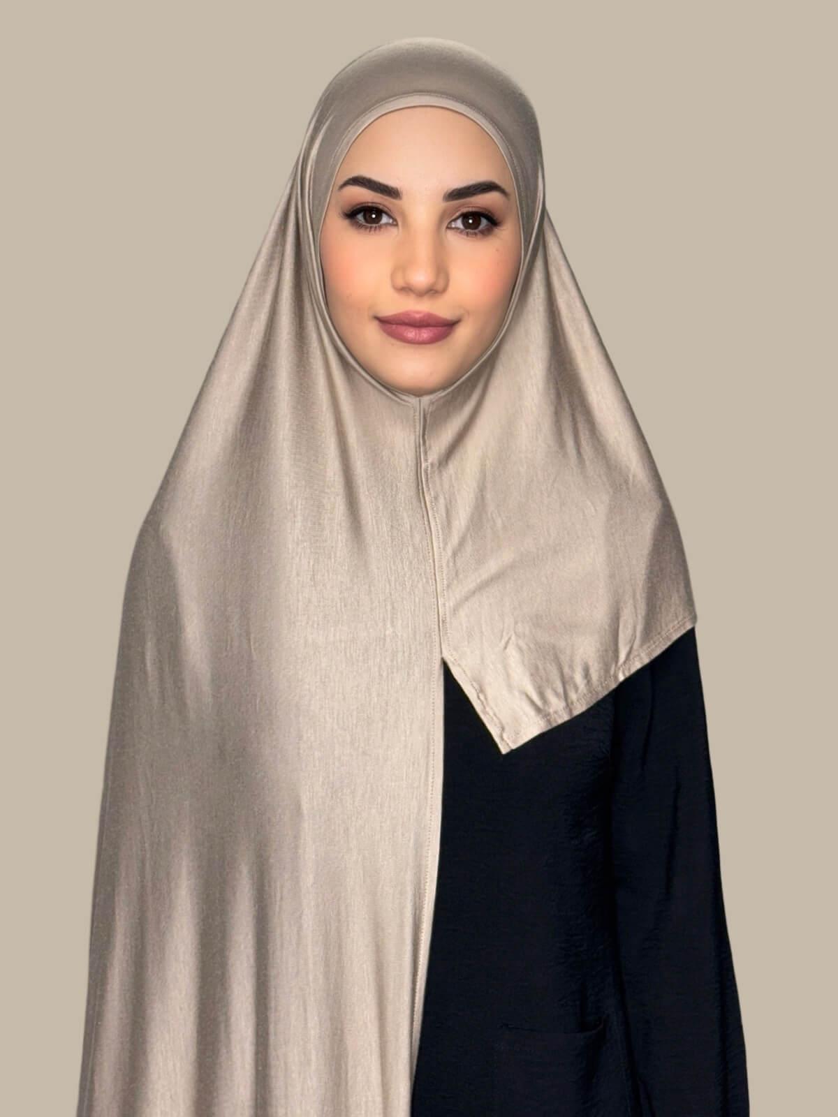 Vanilla Pre-Sewn Jersey Hijab front view on model showing full coverage and smooth drape on both sides