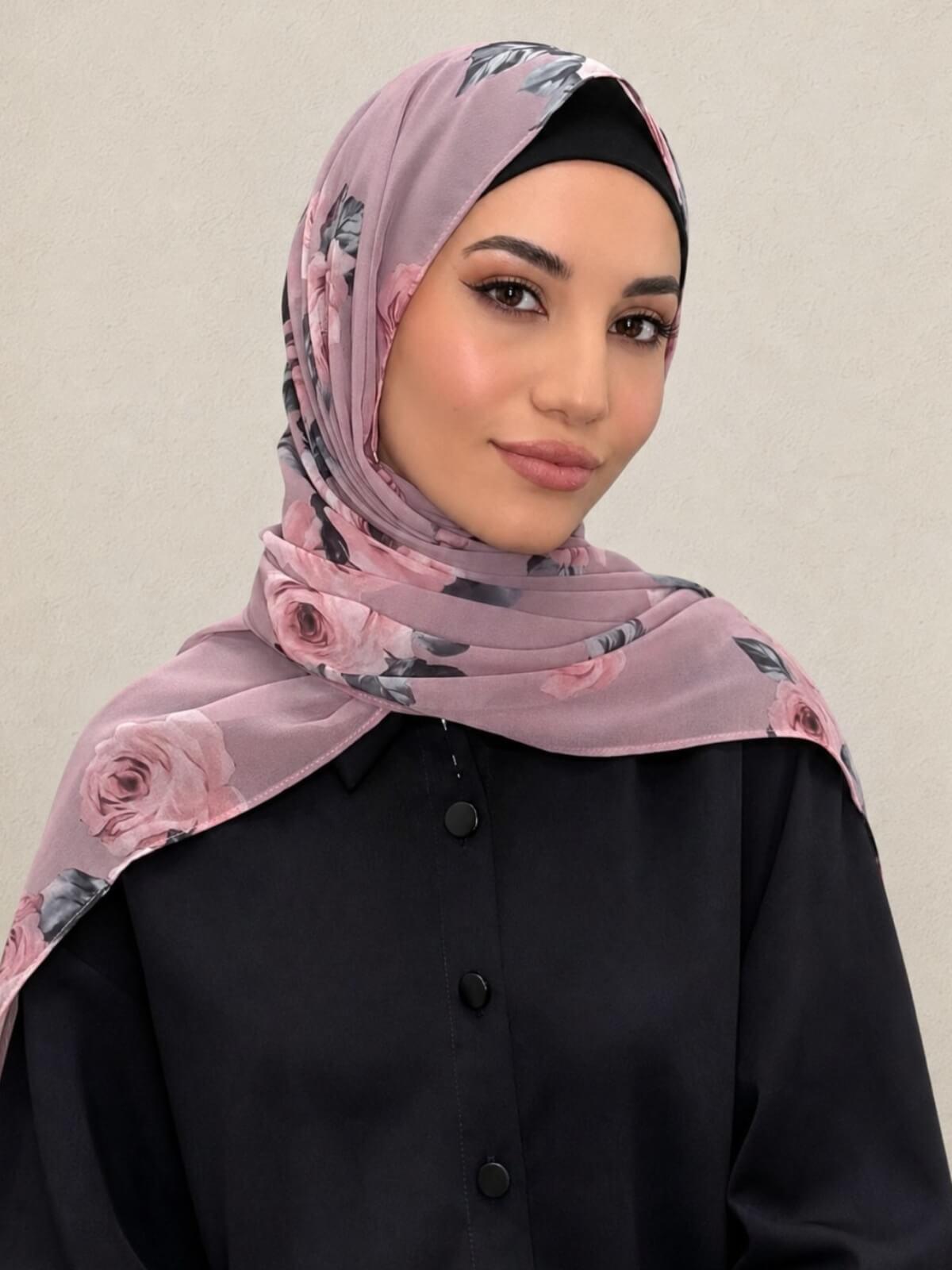 Printed Chiffon Hijab-Neutral Rosette