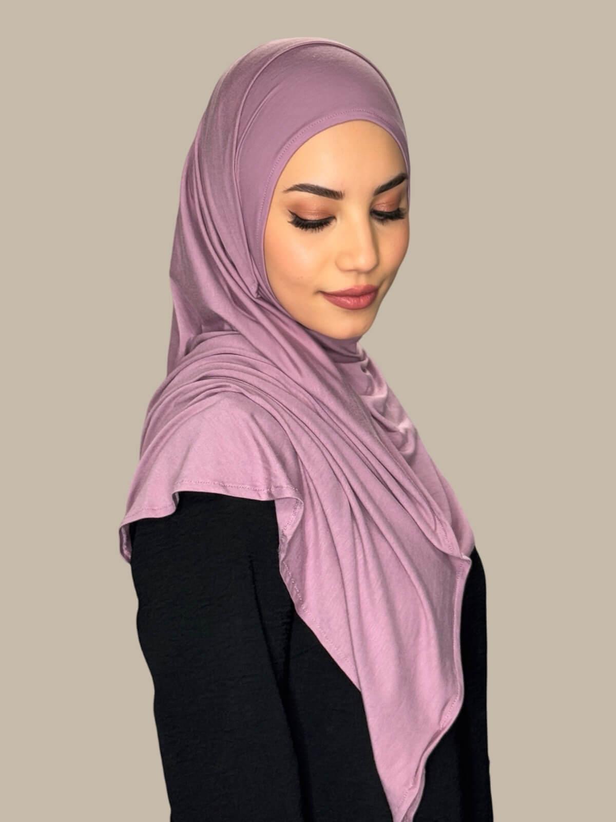 Khaki Rose Pre-Sewn Jersey Hijab side view on model