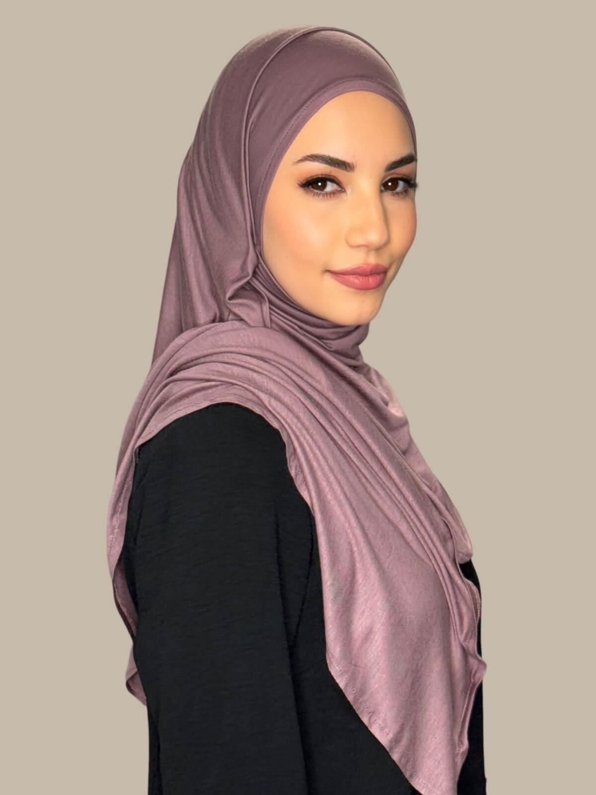 Rose Taupe Pre-Sewn Jersey Hijab side view on model