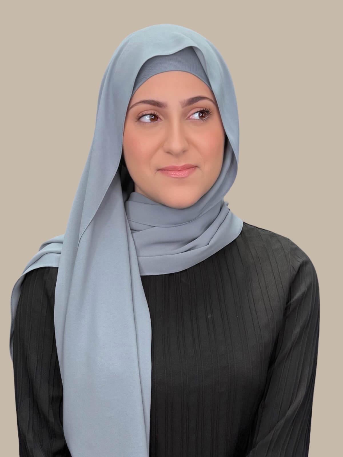 Slate Grey Matching Chiffon Hijab Set in modish girl size on model, front view showing lightweight drape and smooth layered wrap with elegant finish.