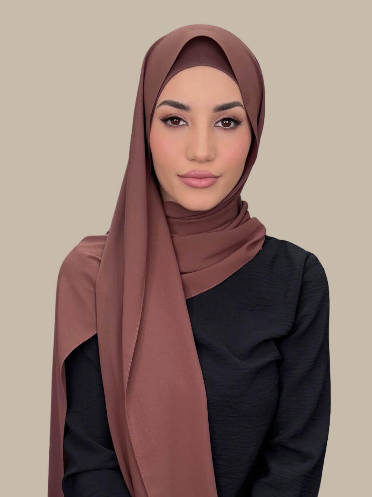 Burnt Redwood Matching Chiffon Hijab Set on model, front view showing lightweight drape and smooth layered wrap with elegant finish.