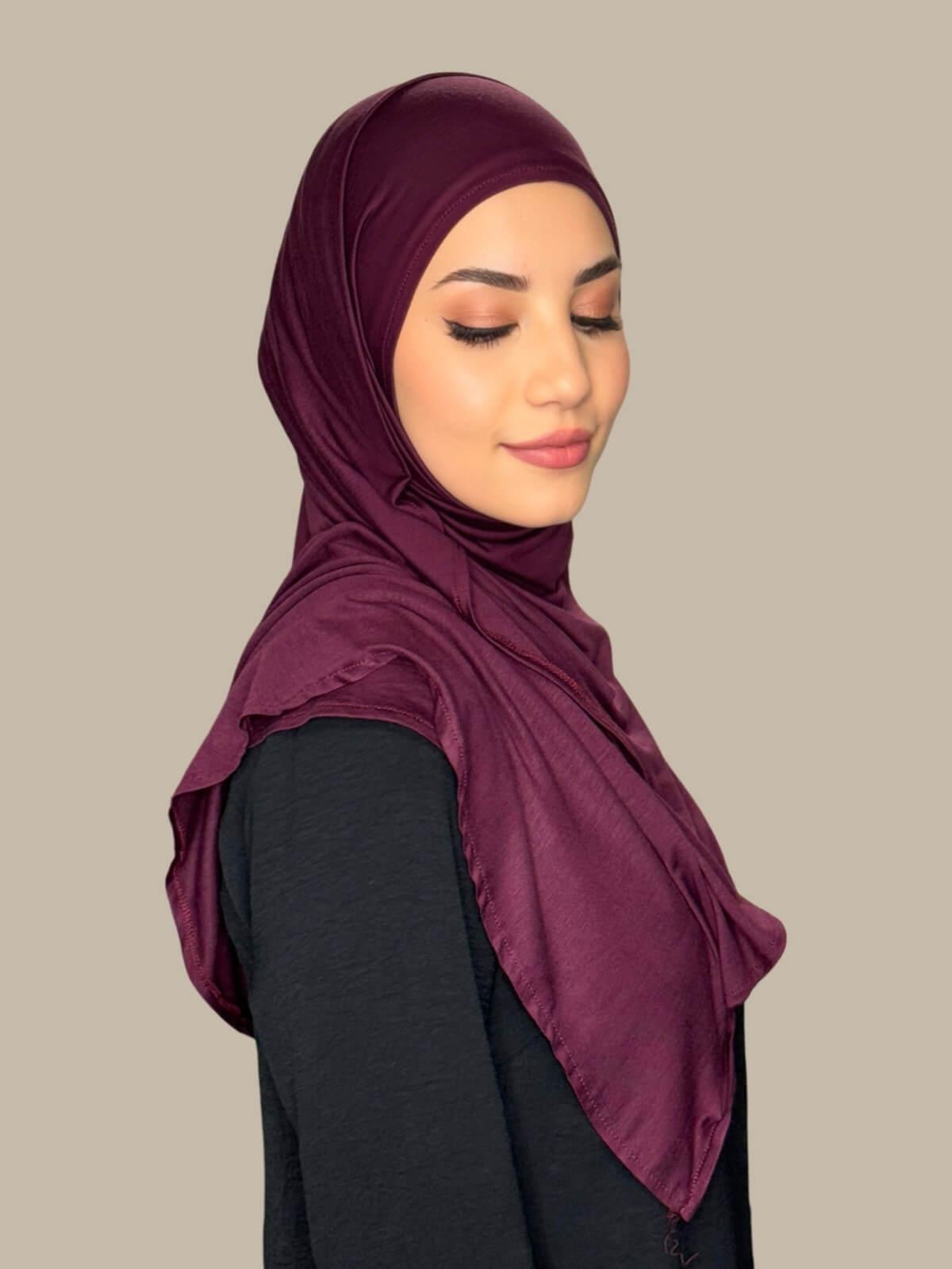 Wine Pre-Sewn Jersey Hijab side view on model