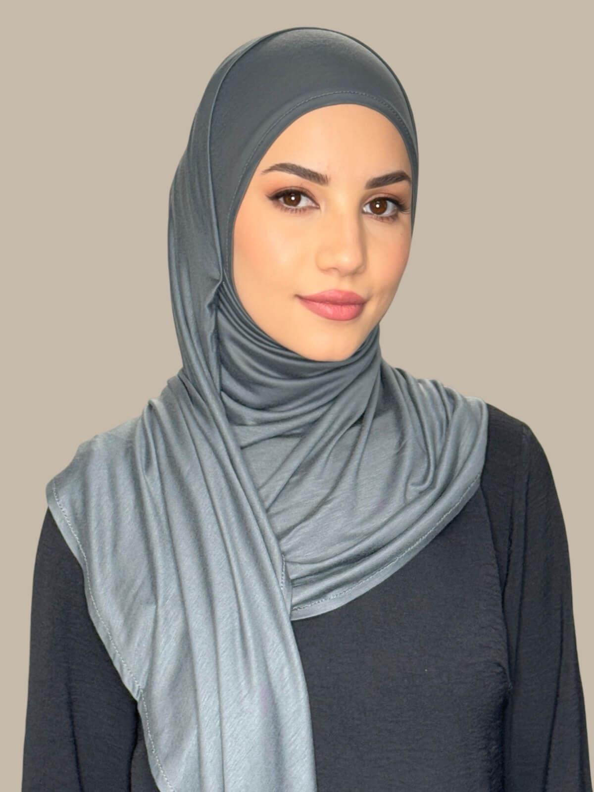 Pebble Grey Pre-Sewn Jersey Hijab — front view showing fit