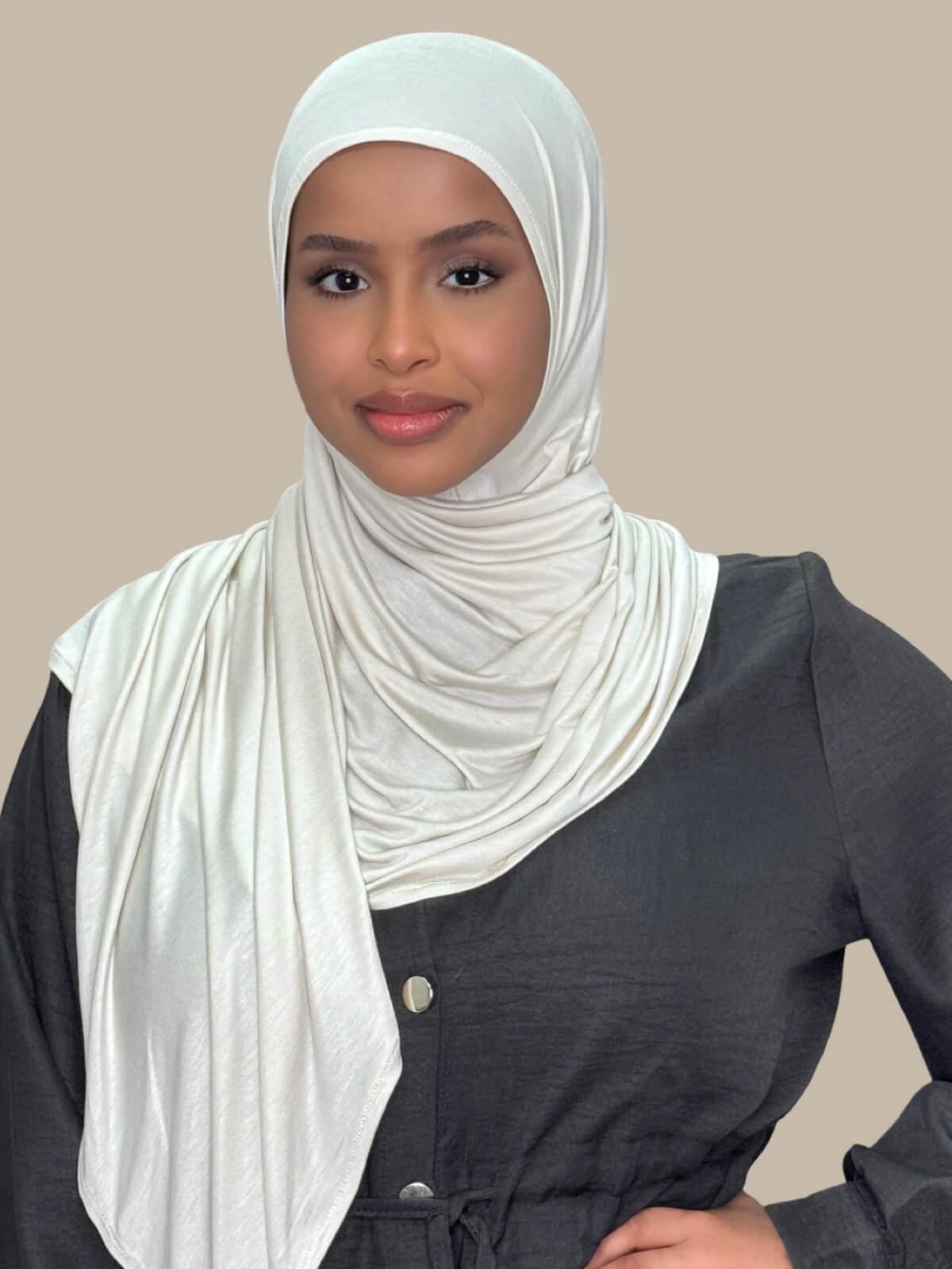 Ivory Pre-Sewn Jersey Hijab front view on model