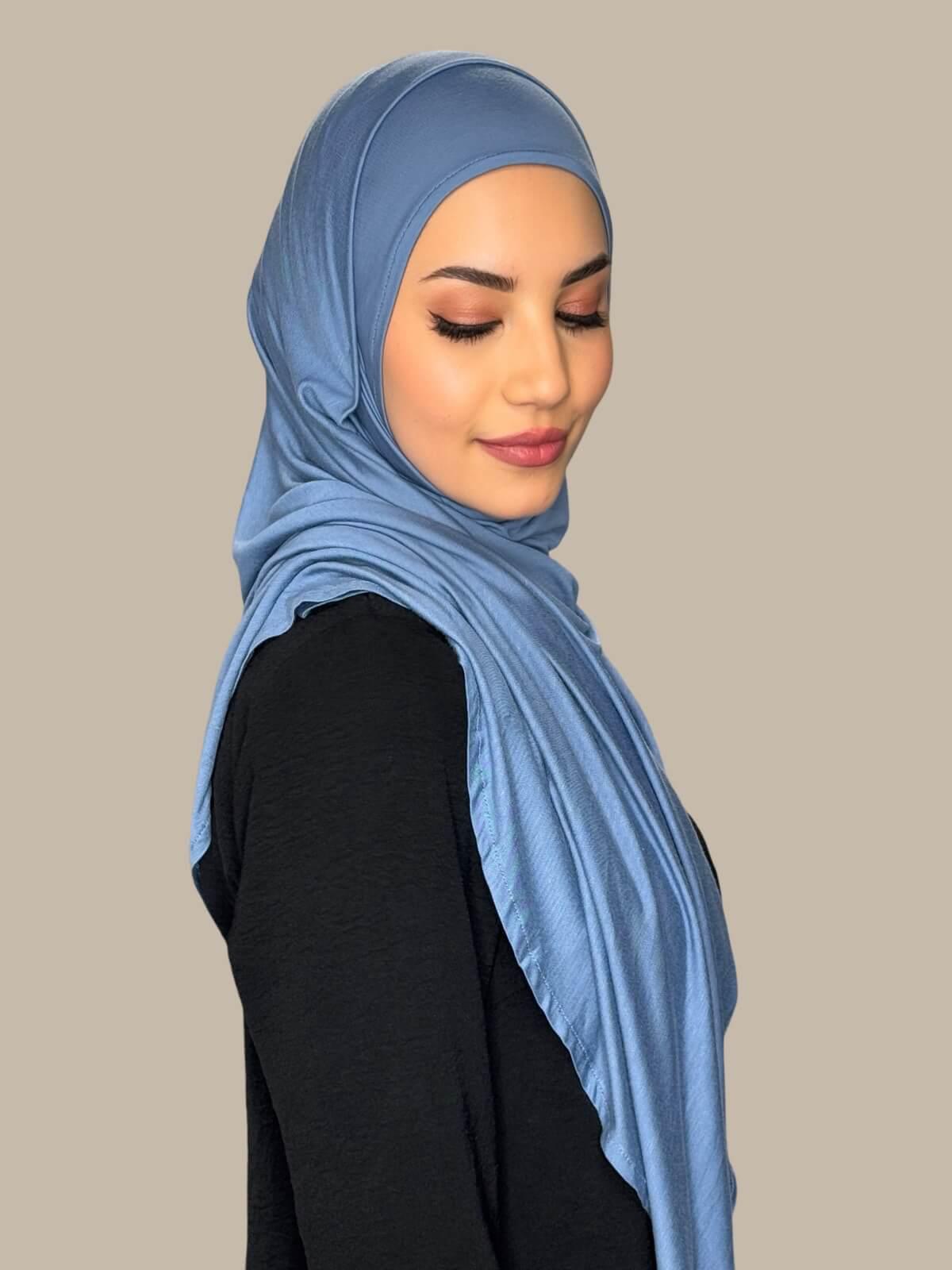 Blue Grey Pre-Sewn Jersey Hijab, side view on model