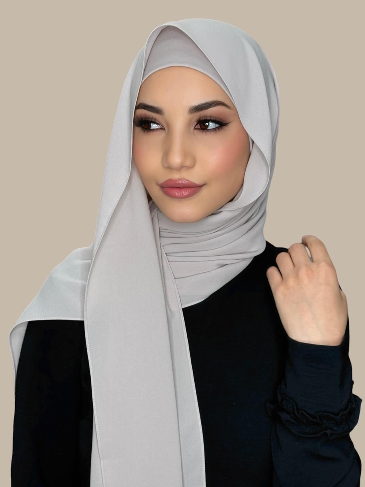 Misty Lilac Matching Chiffon Hijab Set on model, side view showing lightweight drape and smooth layered wrap with elegant finish