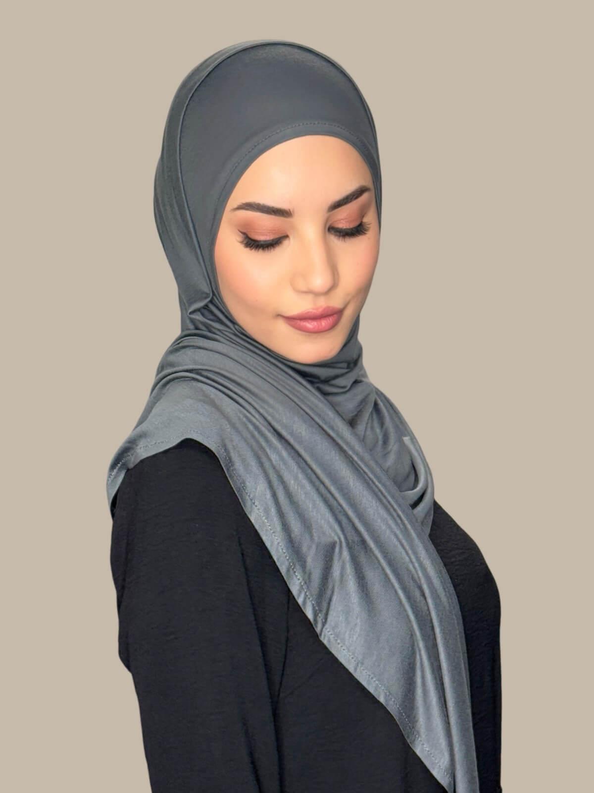Pebble Grey Pre-Sewn Jersey Hijab — side profile on model