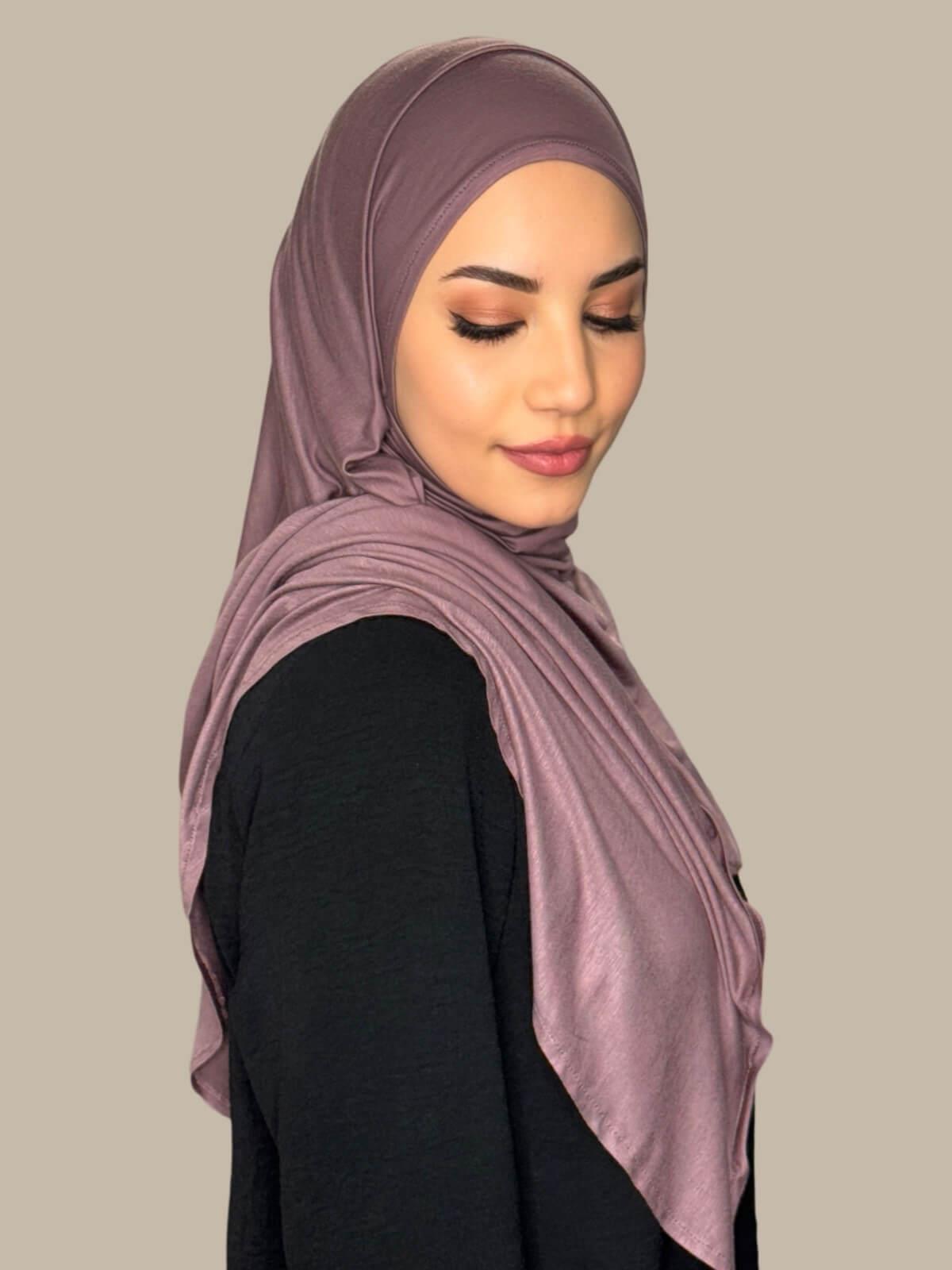 Rose Taupe Pre-Sewn Jersey Hijab side view on model
